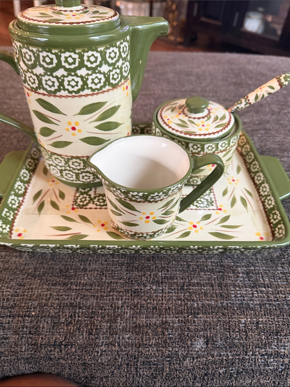 Temp-tations Old World Green 4-Piece Ceramic Tea Set with Serving Tray